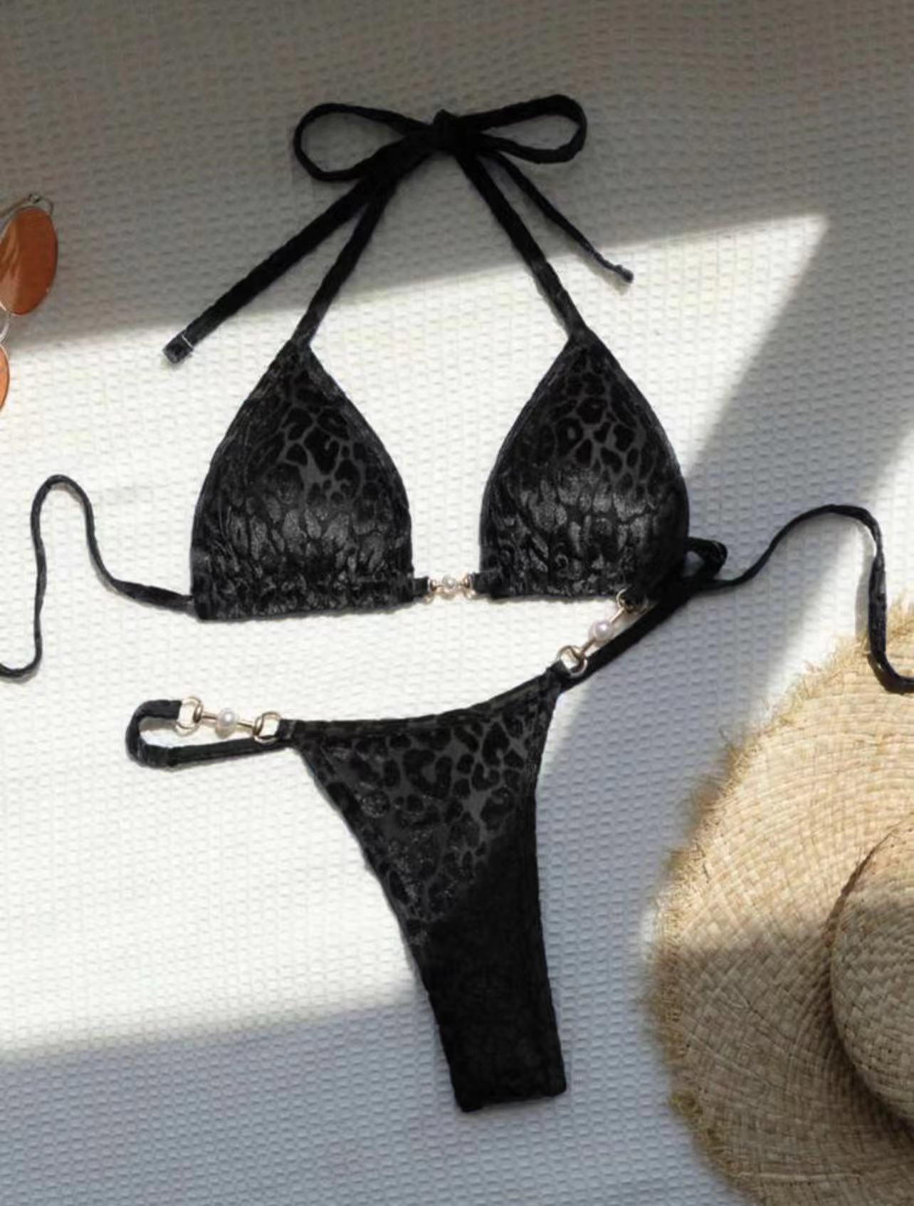 2026 Summer Sexy Pearl Leopard Print Thong Bikini Set Special Fabric Split Swimsuit