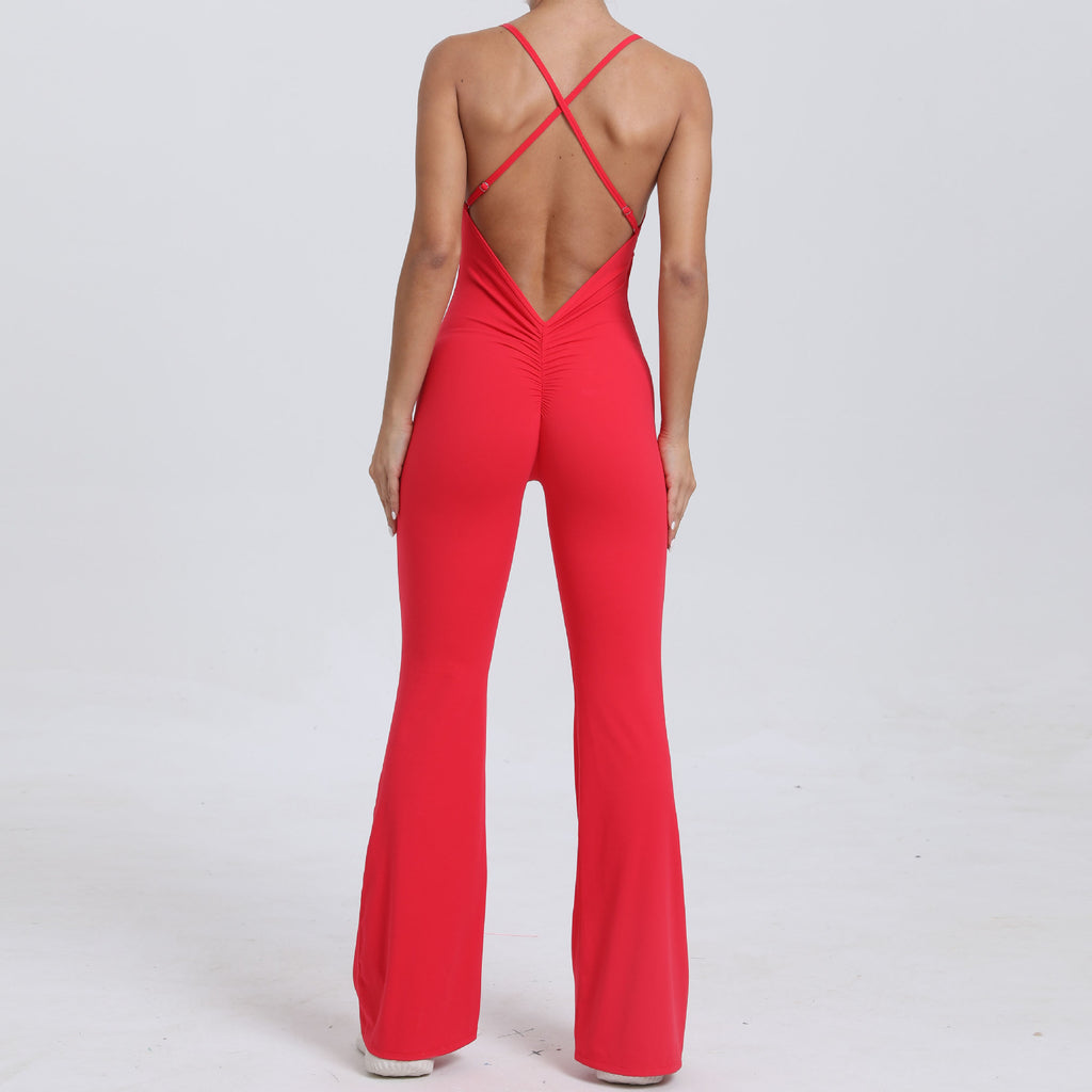 Adjustable Strap Flared Yoga Jumpsuit Cutout Lifting Fitness Bodysuit