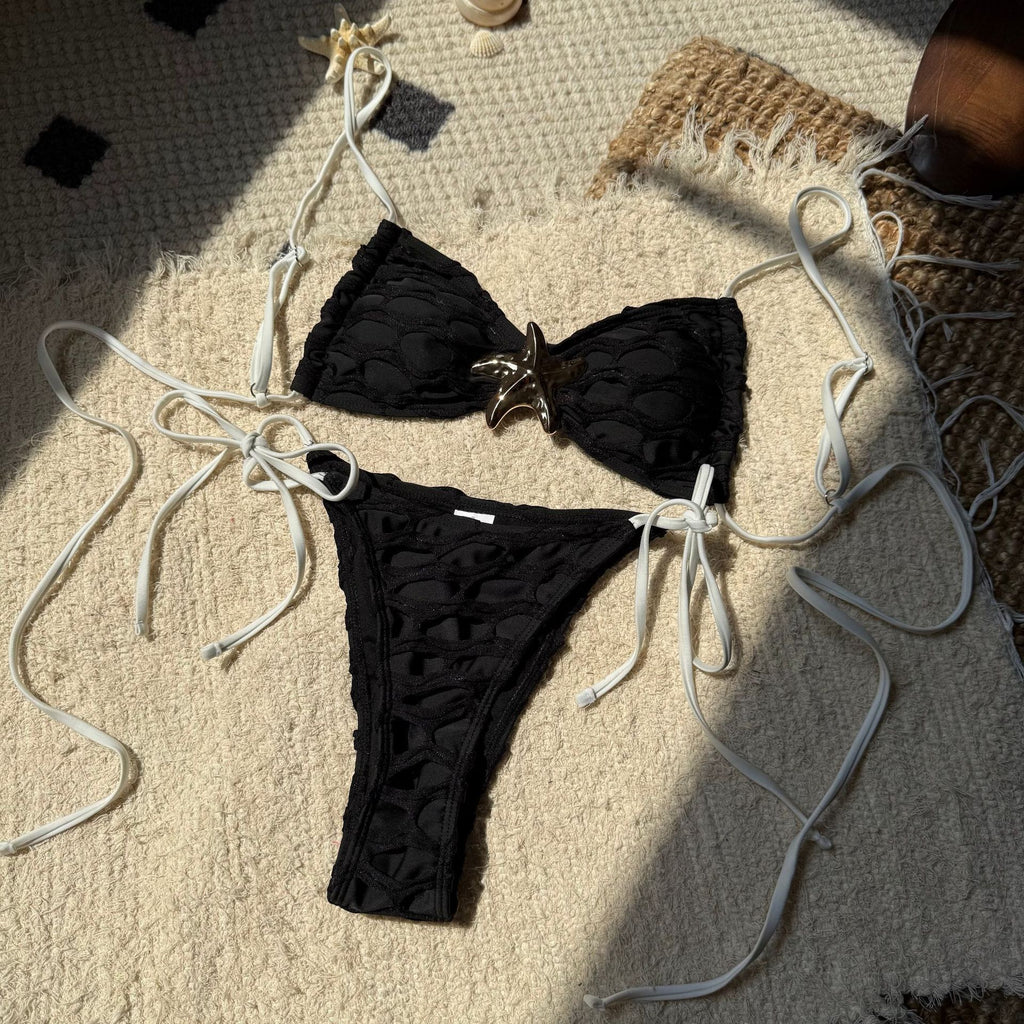2026 Sexy Open Back Mesh Patchwork Bikini | Drawstring Tie-Up Split Swimwear