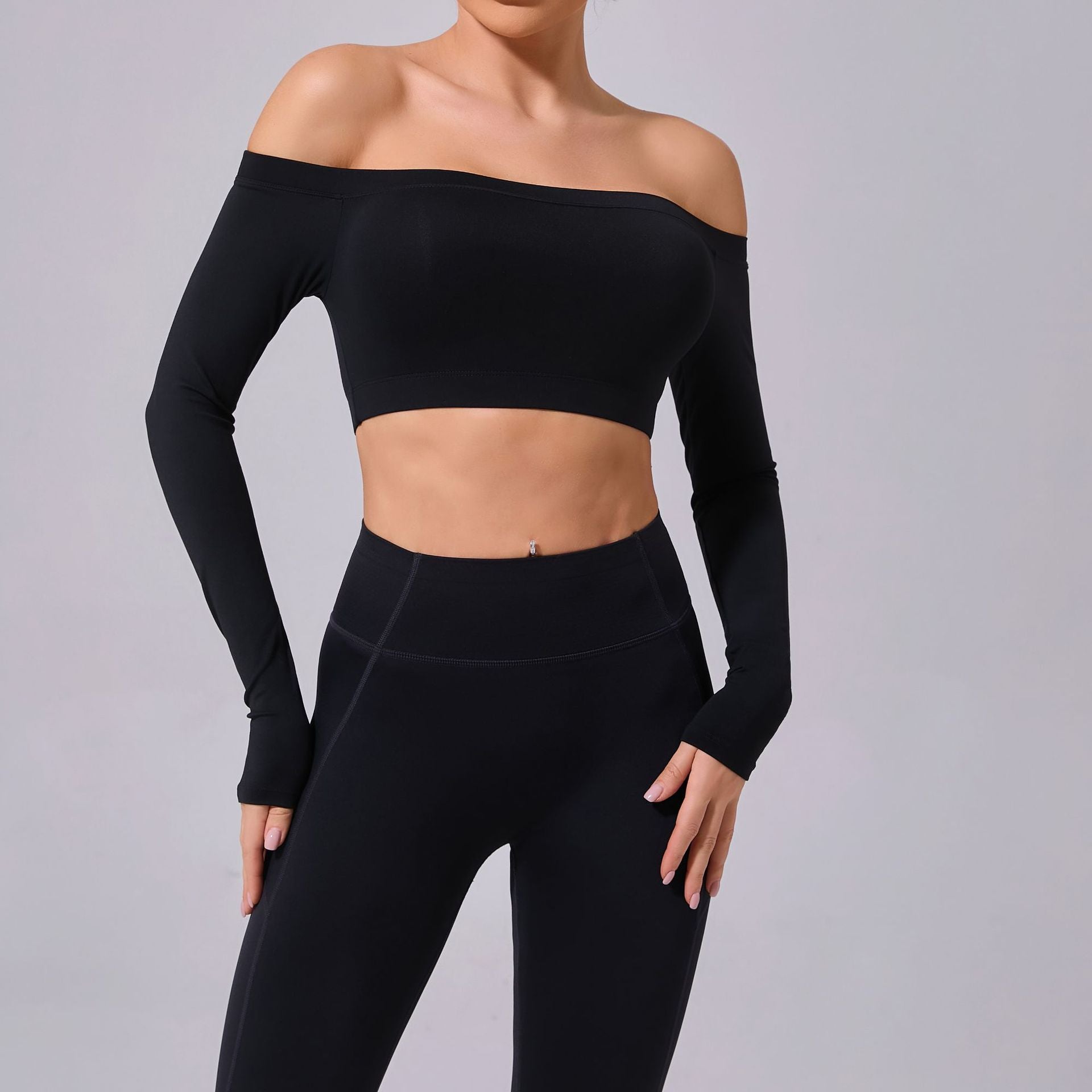 Off-Shoulder Long Sleeve Yoga Top | Brushed Slim Fit Running & Workout Wear