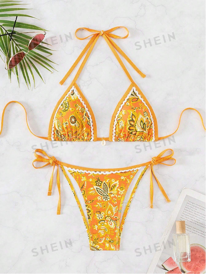 Printed Sexy Bikini | Handmade Shell Tie Beach Swimwear