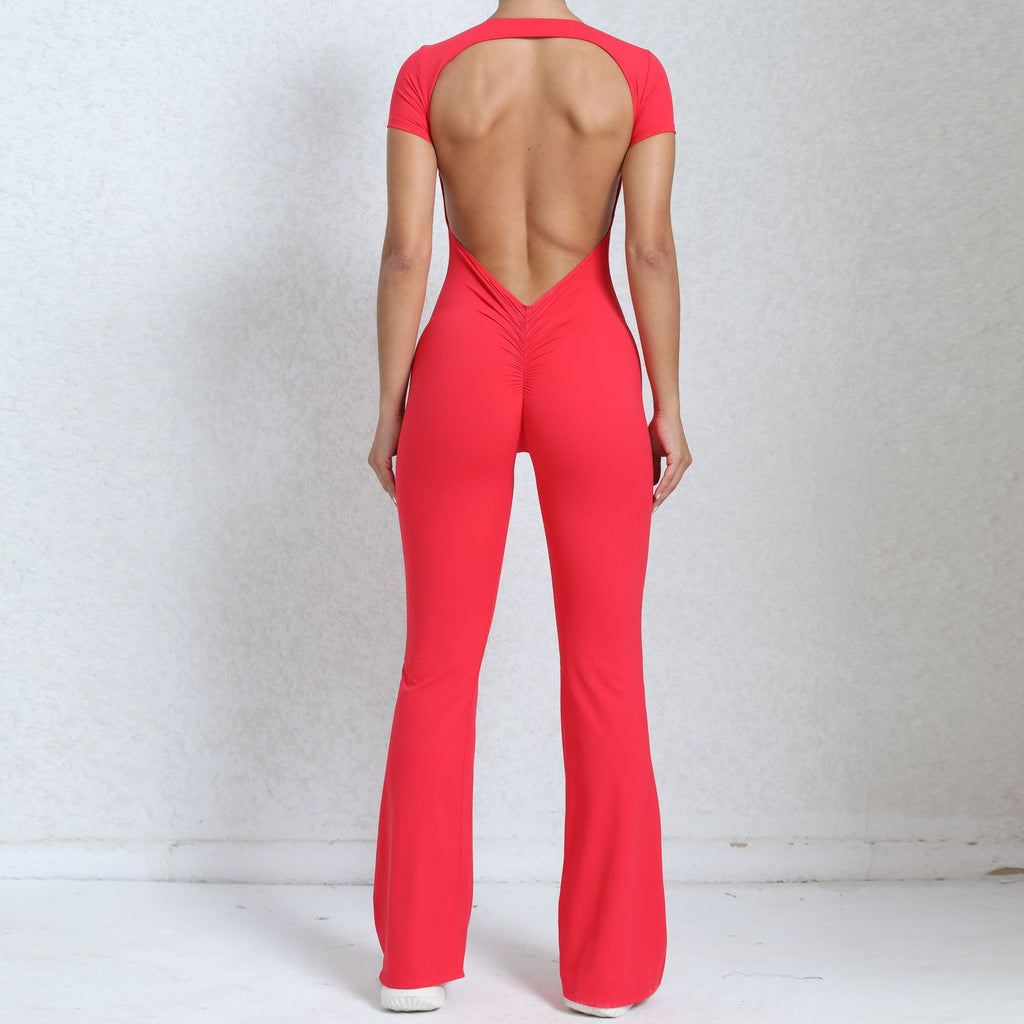 Backless Short Sleeve Bare-Feel Yoga Jumpsuit Flared Tight Gym Wear