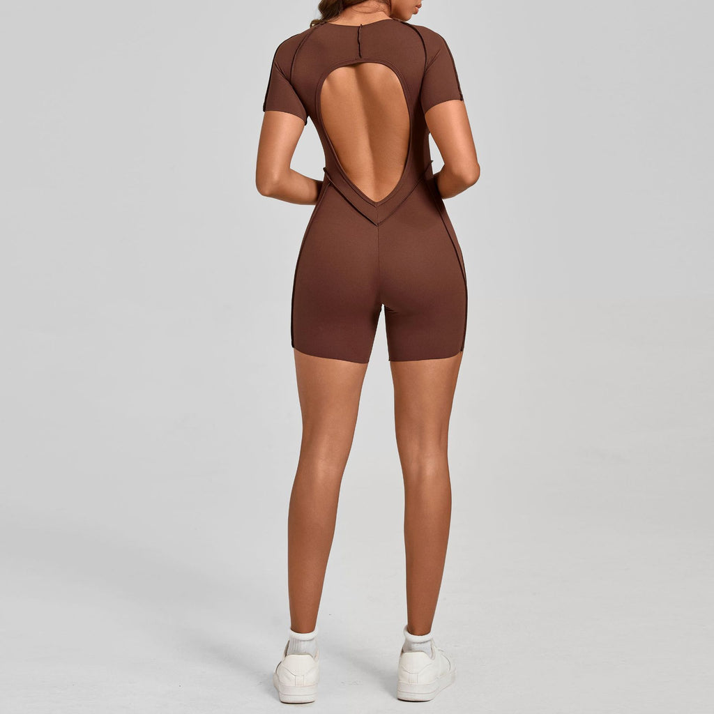 3D Panel Short Sleeve Yoga Jumpsuit Backless Tight-Fit Gym Bodysuit