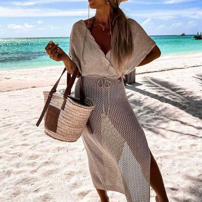 New Solid Color Sexy Hollow Out Maxi Beach Dress Patchwork Tie Up Bikini Sunscreen Cover