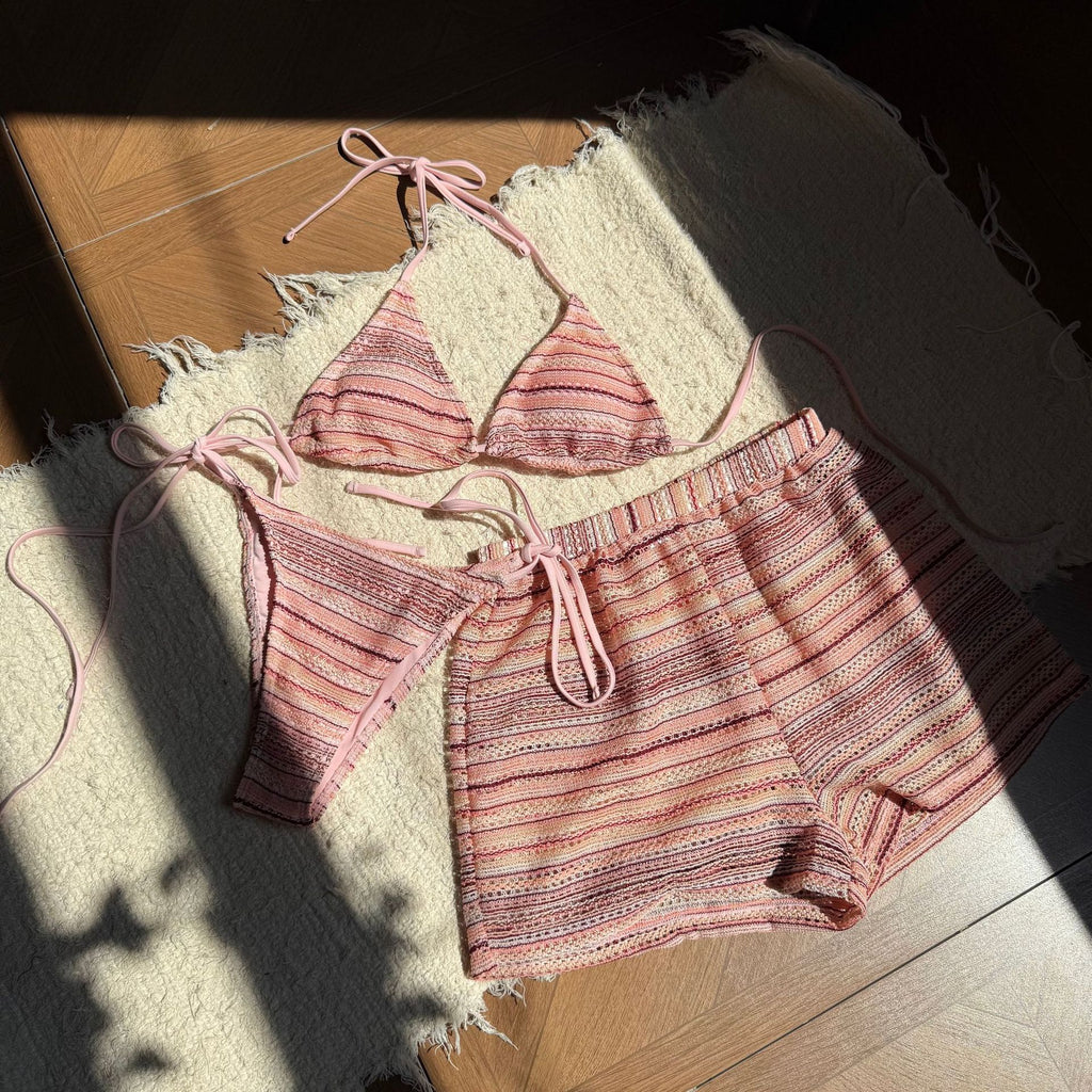2026 European American Style Halter Knitted Bikini Set Three Piece Beach Shorts Swimsuit