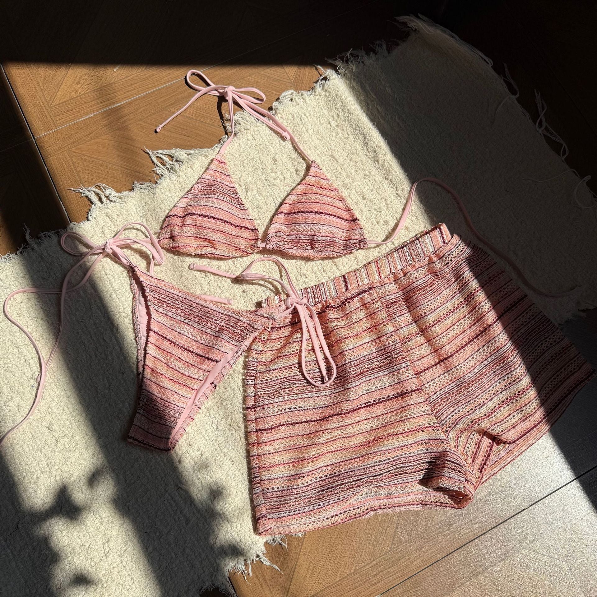 2026 European American Style Halter Knitted Bikini Set Three Piece Beach Shorts Swimsuit