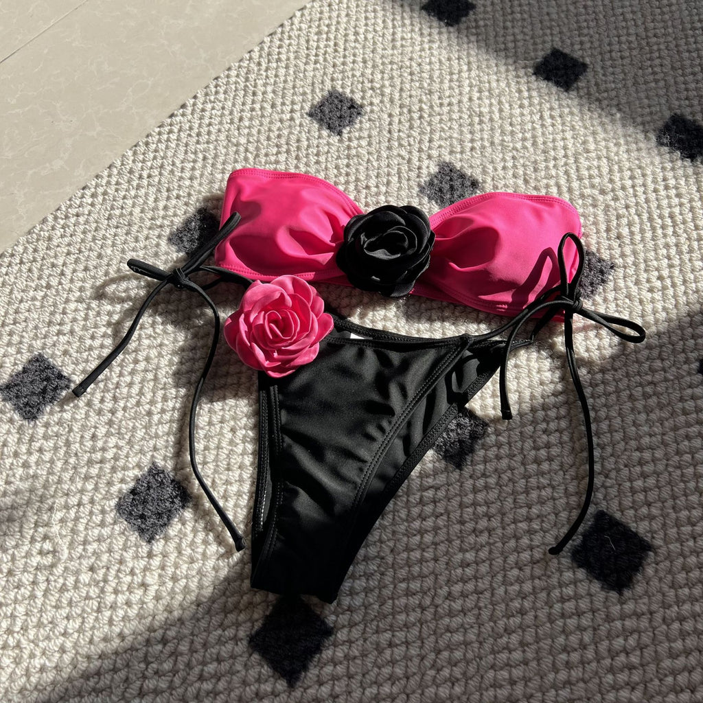 2026 Color Block Rose Bandeau Drawstring Bikini Set Two Piece Split Swimsuit