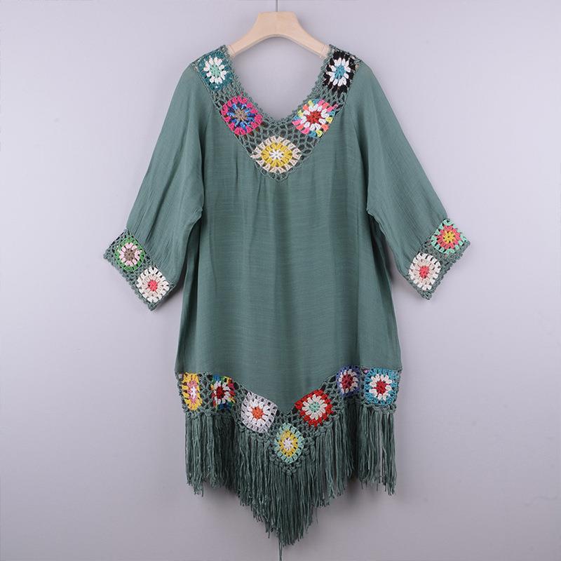 2026 New Women Handmade Crochet Floral Beach Dress Long Style Sunscreen Cover Up