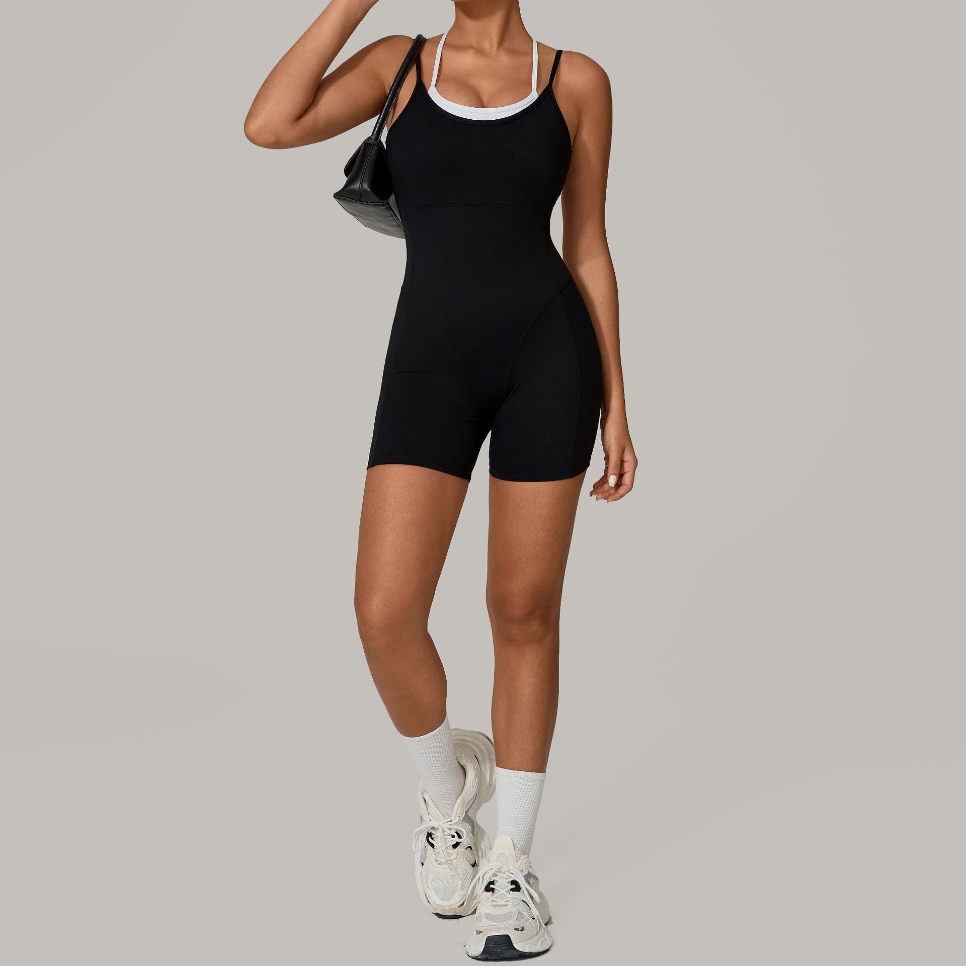 Two-Tone Layered Look Strappy Yoga Jumpsuit Backless Gym One-Piece