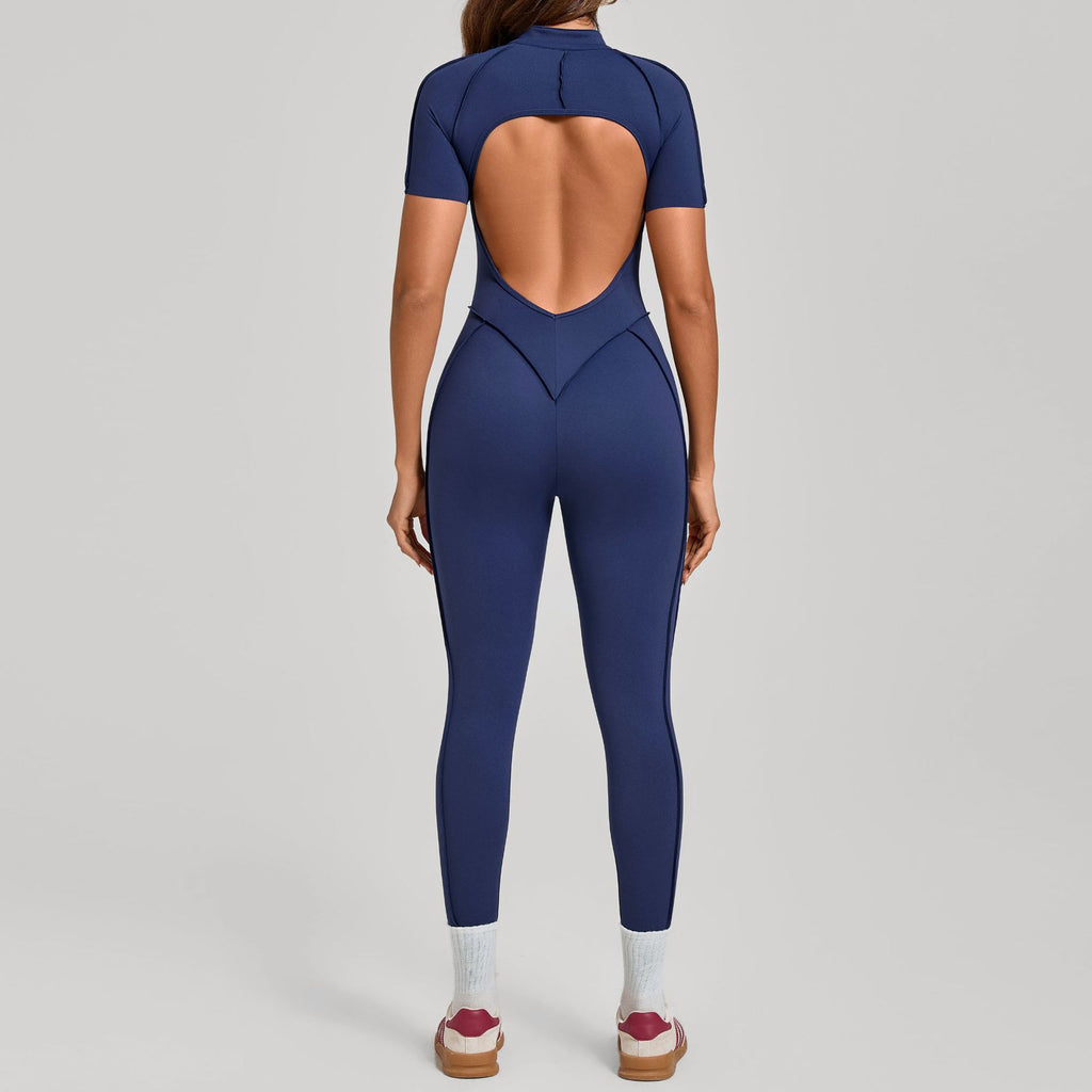 High-Neck Half-Zip Short Sleeve Yoga Jumpsuit Tummy Control Fitness Bodysuit