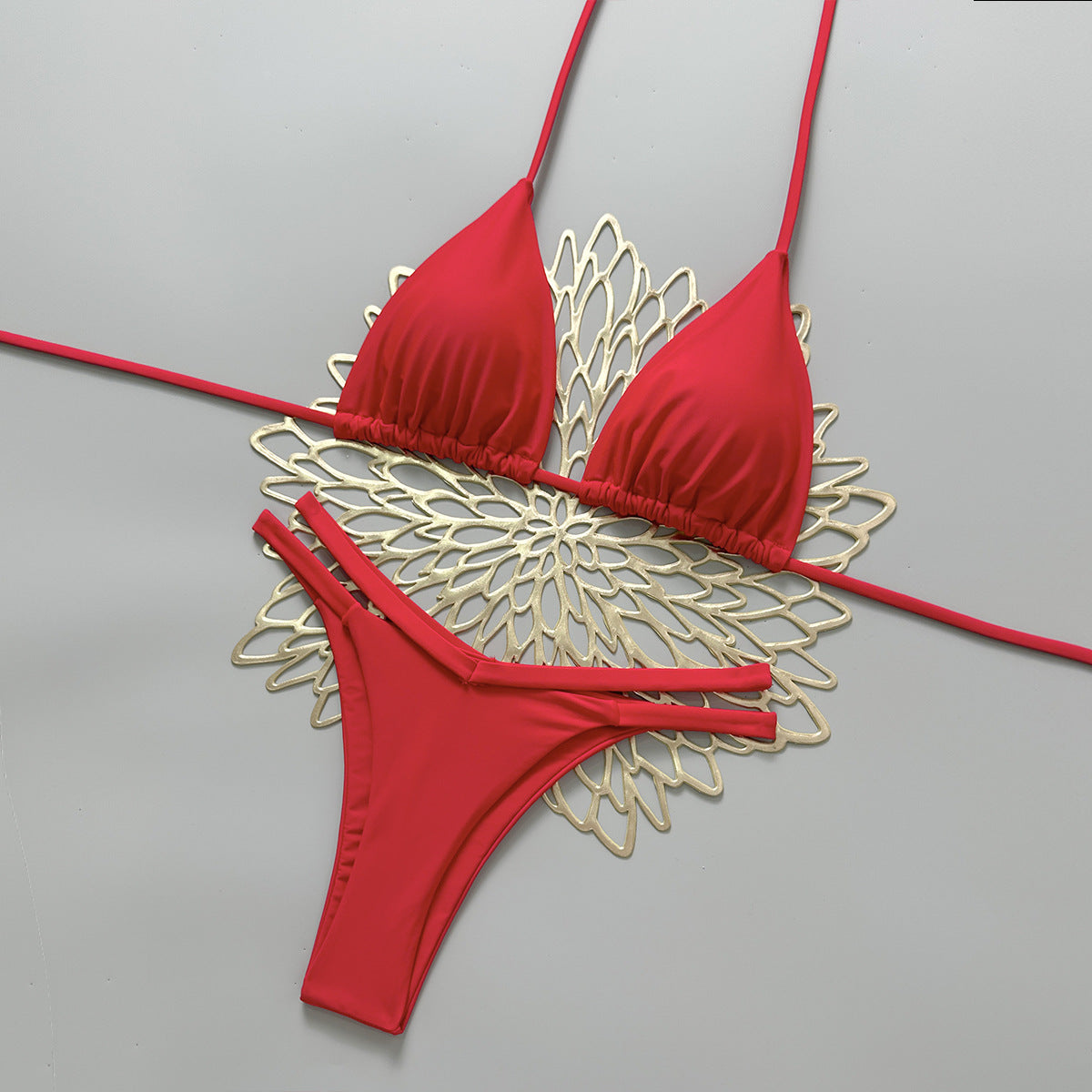 2026 Sexy Halter Tie Triangle Bikini | Solid Color Stud Bottom Beach Swimwear
