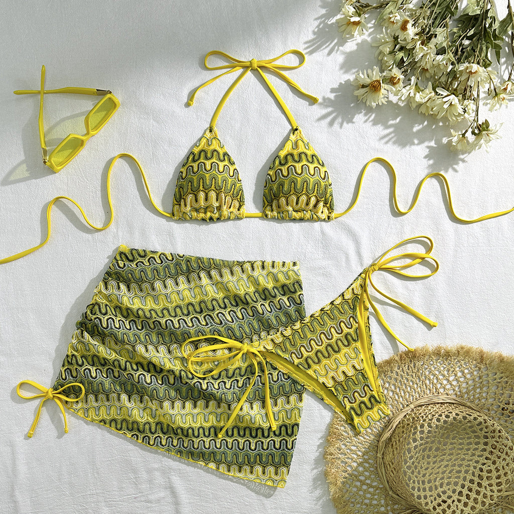 2026 Summer Sexy Embroidered Gradient Bikini Set Three Piece Beach Swimsuit