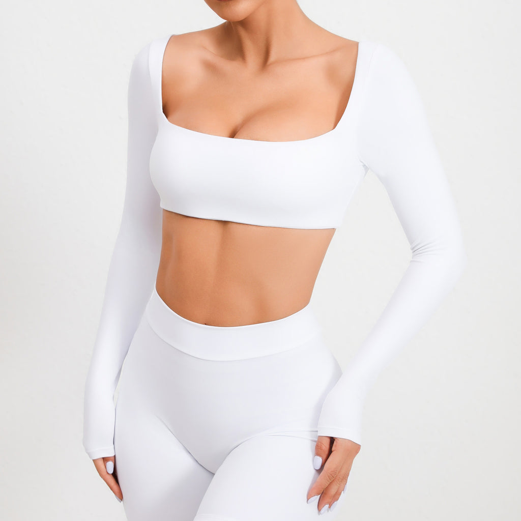 Square Neck Long Sleeve Yoga Top with Bra Pads | Quick-Dry Running & Workout Activewear