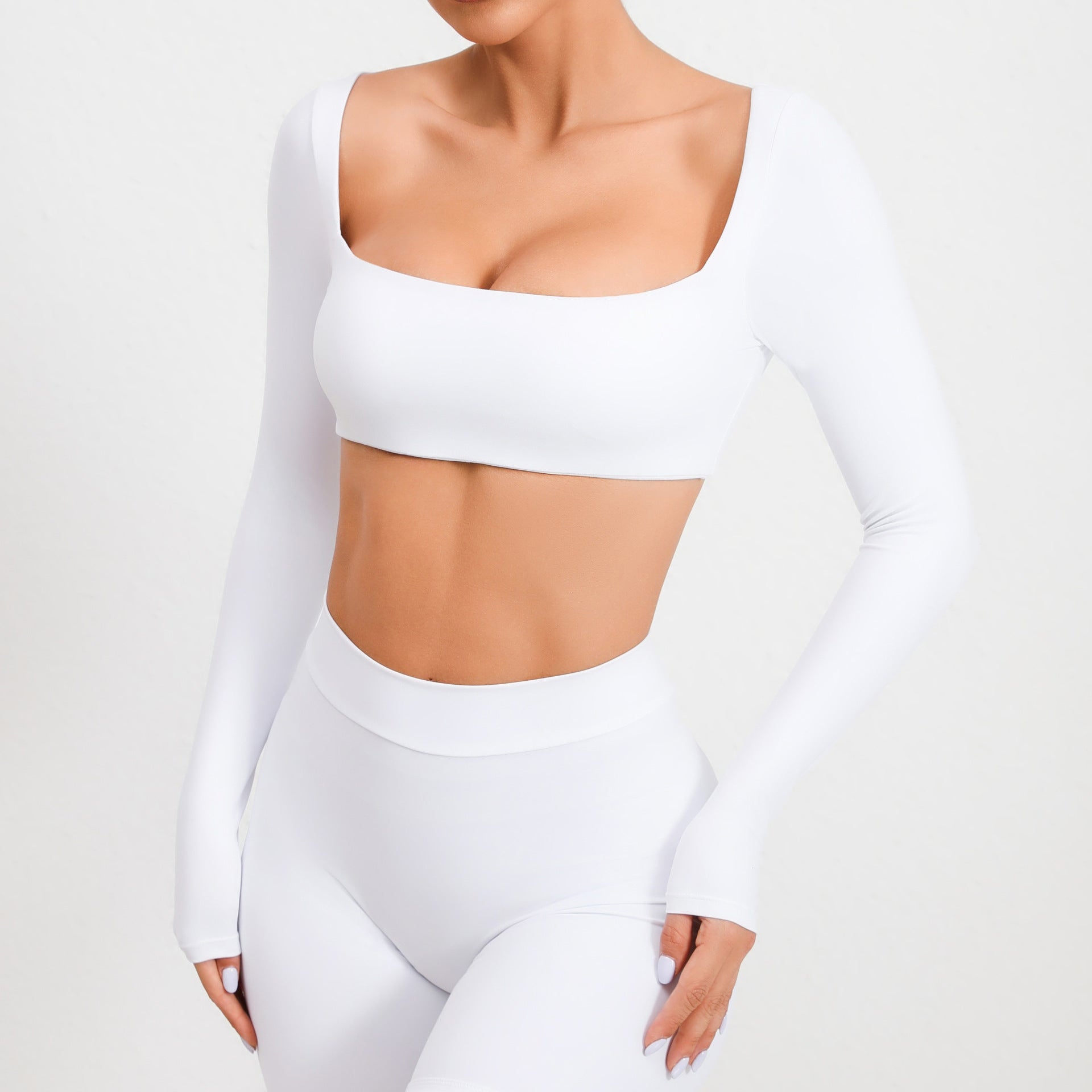 Square Neck Long Sleeve Yoga Top with Bra Pads | Quick-Dry Running & Workout Activewear