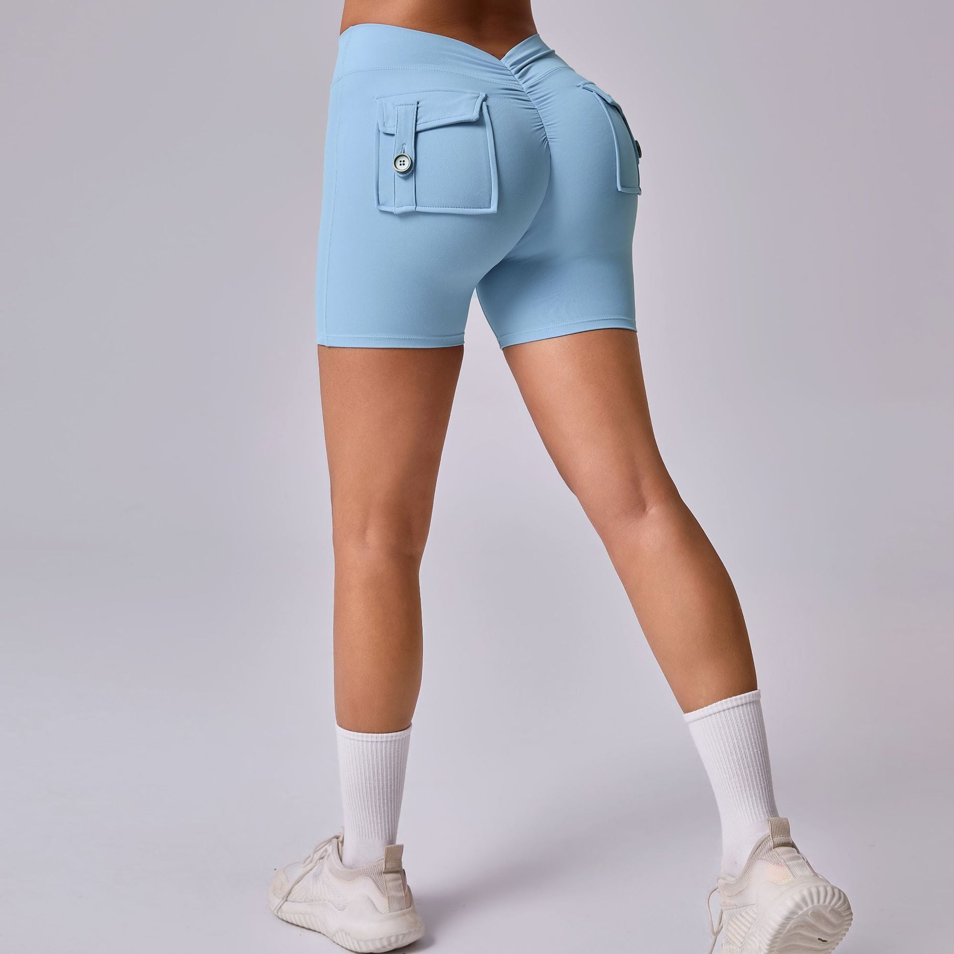 Back V Cargo Pocket Ruched Scrunch Butt Yoga Shorts Tight Fitness Shorts