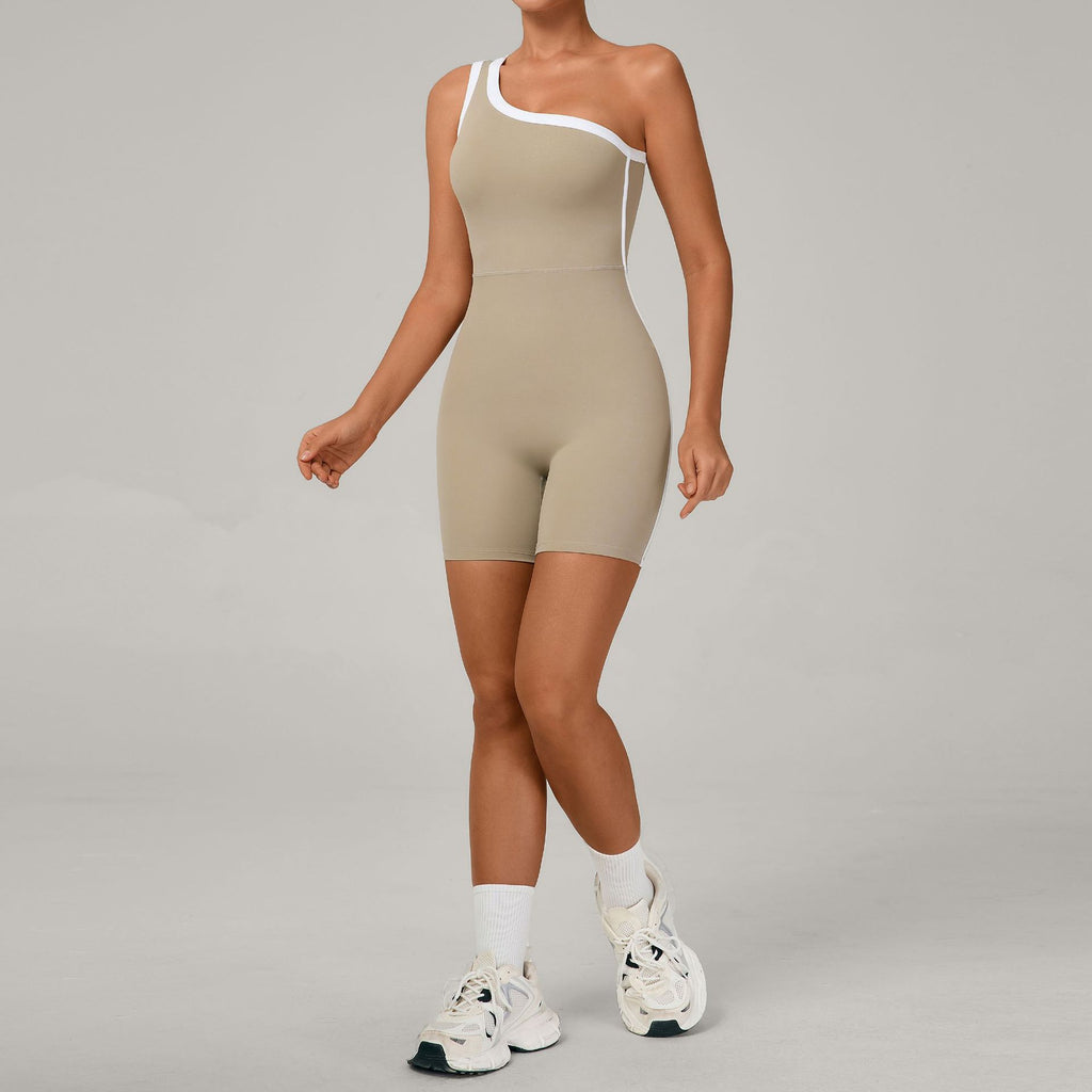 Color Block One-Shoulder Yoga Jumpsuit Scrunch Butt Gym Bodysuit