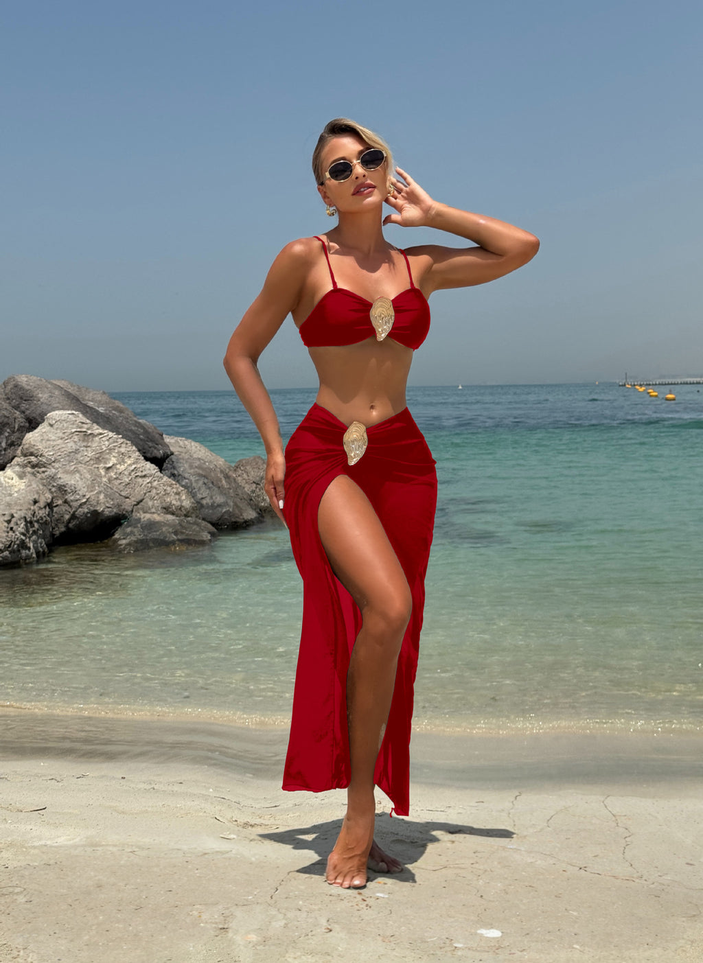 2026 European American Style Solid Color Metal Buckle Bandeau Bikini Set Three Piece Swimsuit