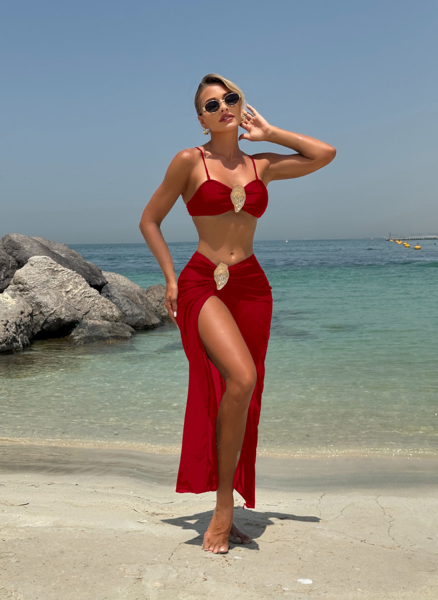 2026 European American Style Solid Color Metal Buckle Bandeau Bikini Set Three Piece Swimsuit