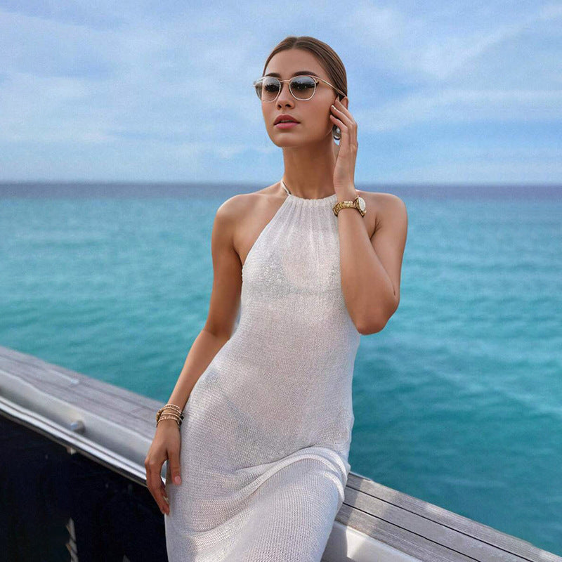2026 Viral Double High Split Spaghetti Strap Backless Knit Beach Maxi Dress