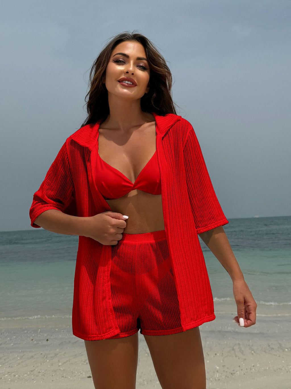 2026 Solid Color Beach Sun Protection Mesh Shirt & Shorts | Four-Piece Swimwear Set