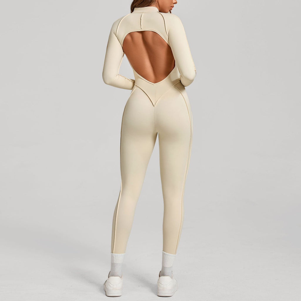 3D Panel Half-Zip Long Sleeve Yoga Jumpsuit Backless Tight Fitness One-Piece