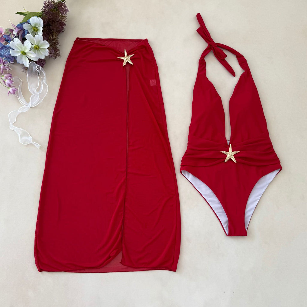 2026 Solid Color One-Piece Slit Mesh Dress Bikini | Halter Summer Swimwear