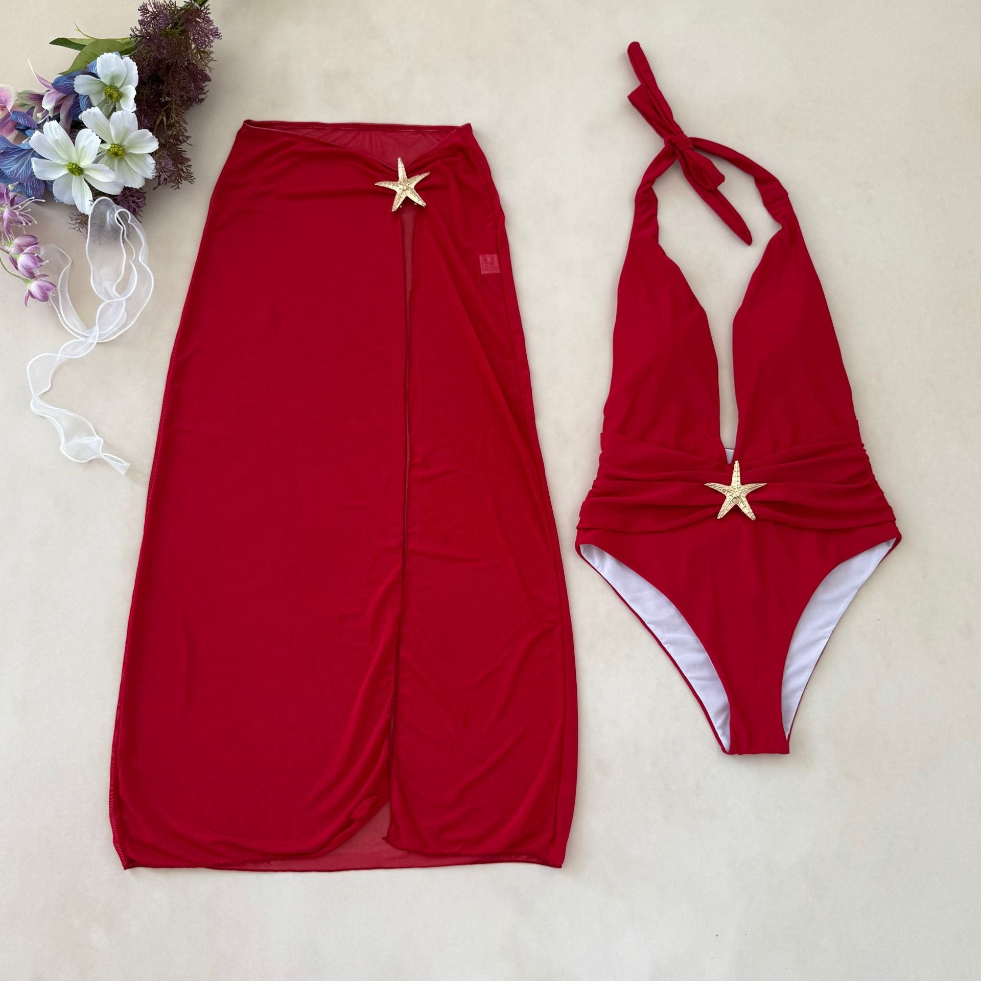 2026 Solid Color One-Piece Slit Mesh Dress Bikini | Halter Summer Swimwear