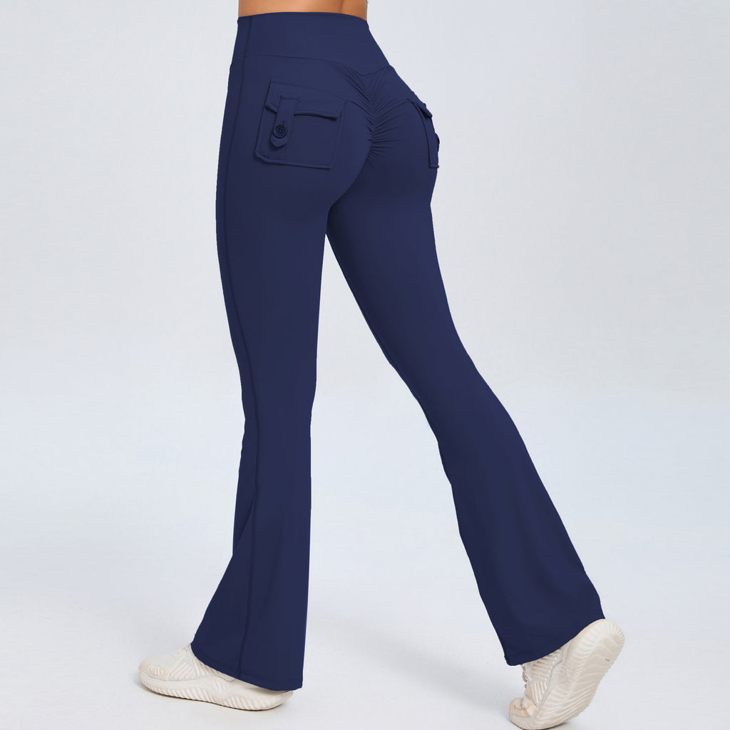 Buttoned Peach-Lift Yoga Flare Pants | High-Waist Quick-Dry Fitness Bell Bottoms for Women