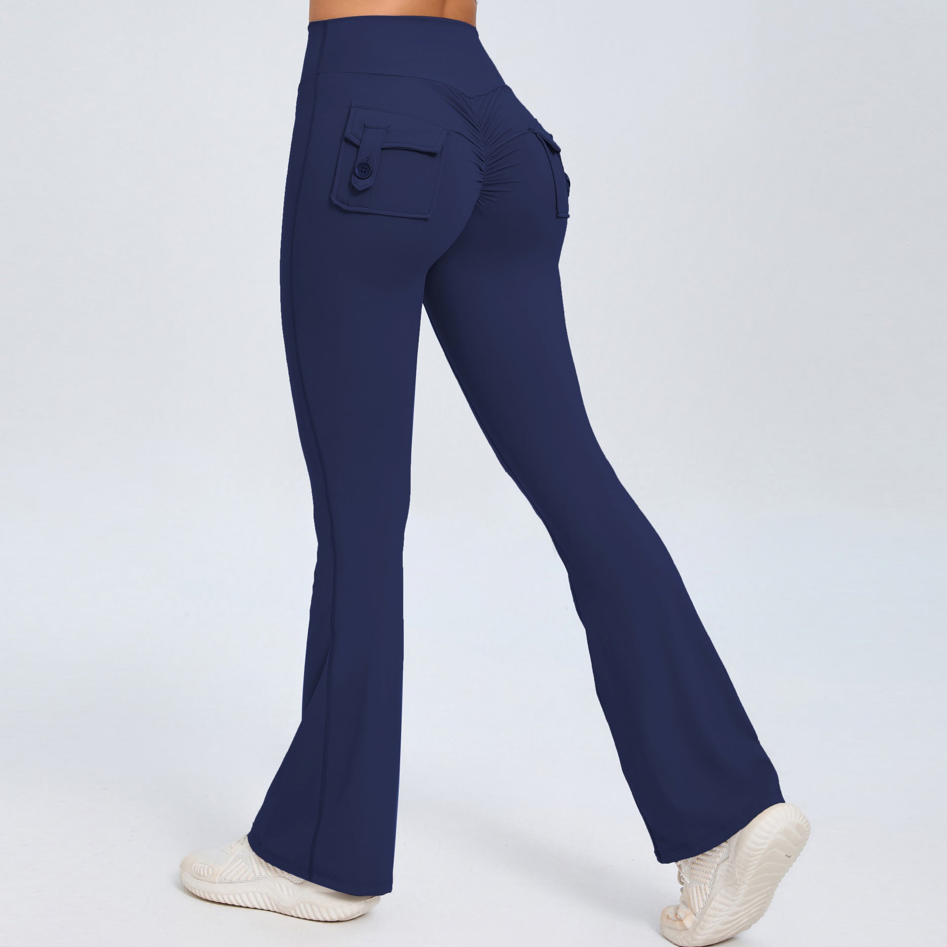 Buttoned Peach-Lift Yoga Flare Pants | High-Waist Quick-Dry Fitness Bell Bottoms for Women