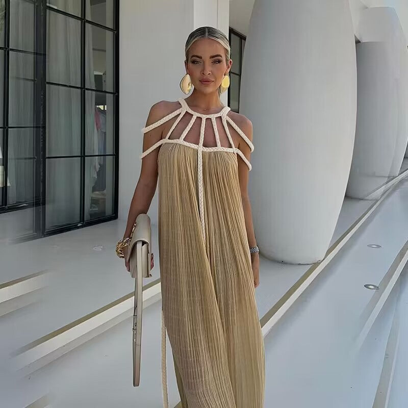2026 Spring Tie Up Off Shoulder Halter Neck Loose Beach Vacation Dress