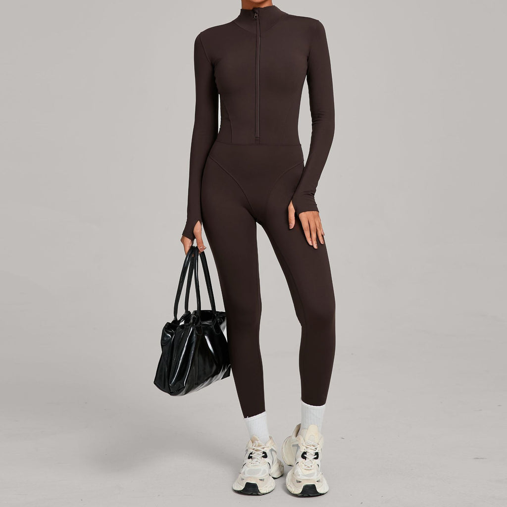 High-Neck Half-Zip Fleece Yoga Jumpsuit Outdoor Warm Running Fitness Wear
