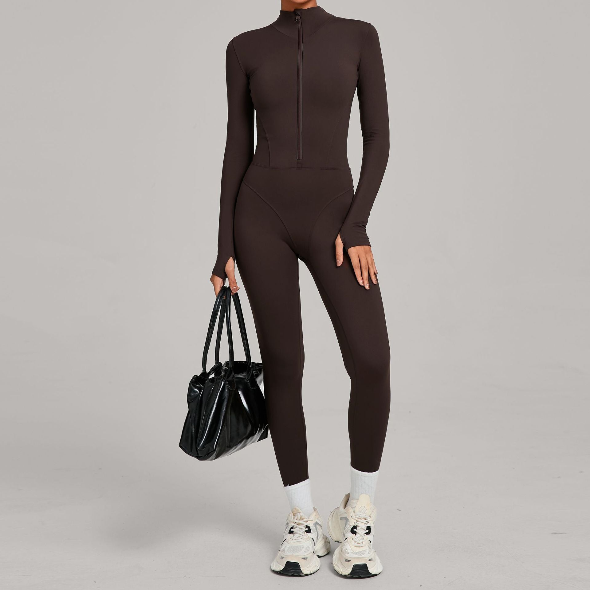 High-Neck Half-Zip Fleece Yoga Jumpsuit Outdoor Warm Running Fitness Wear