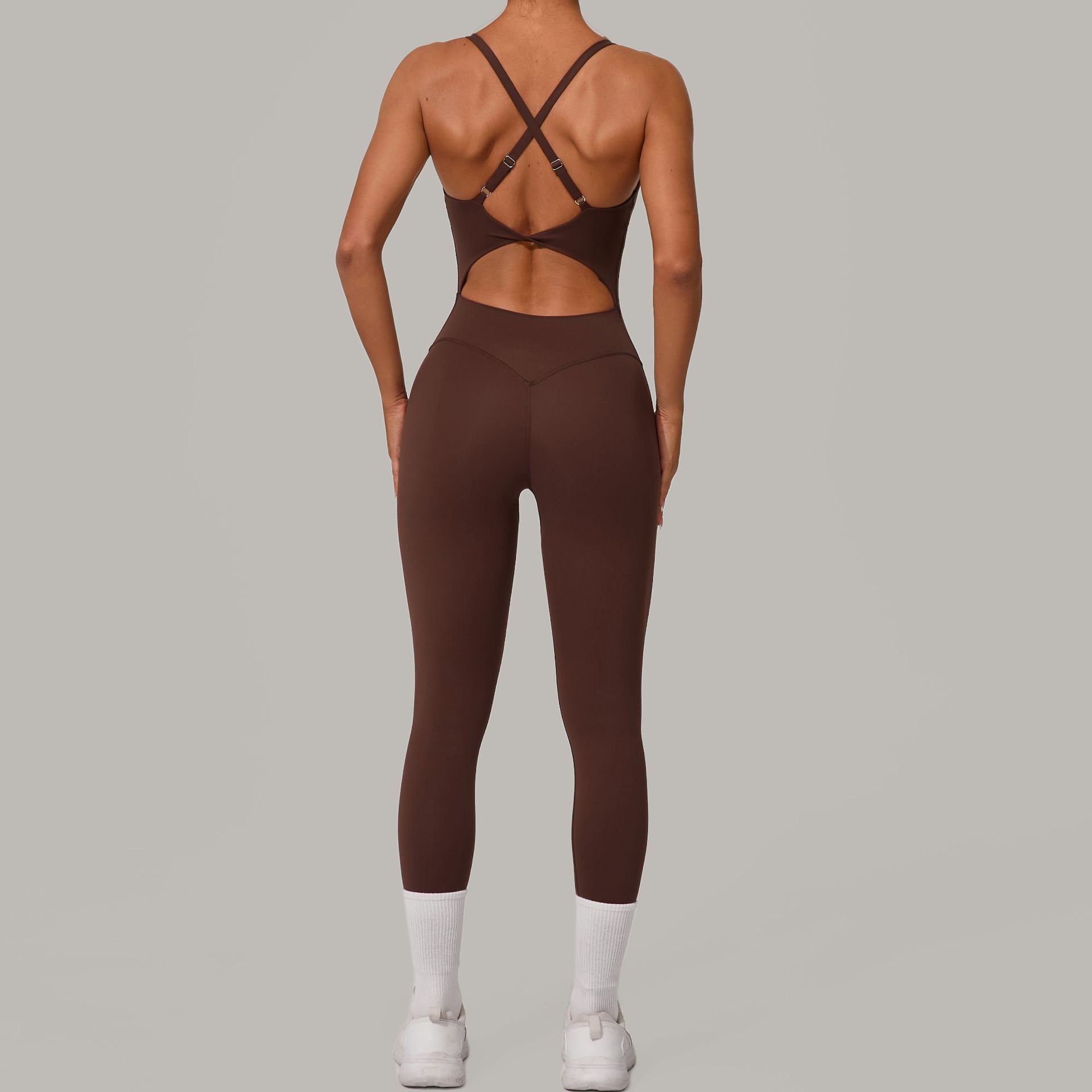 Adjustable Buckle Cross Waist-Cinching Scrunch Butt Yoga Jumpsuit Tight-Fit Workout Bodysuit