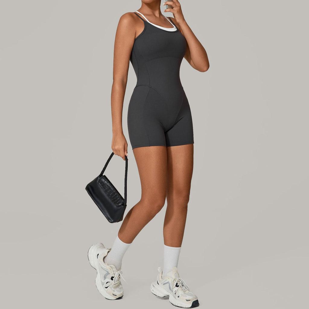 Two-Tone Layered Look Strappy Yoga Jumpsuit Backless Gym One-Piece