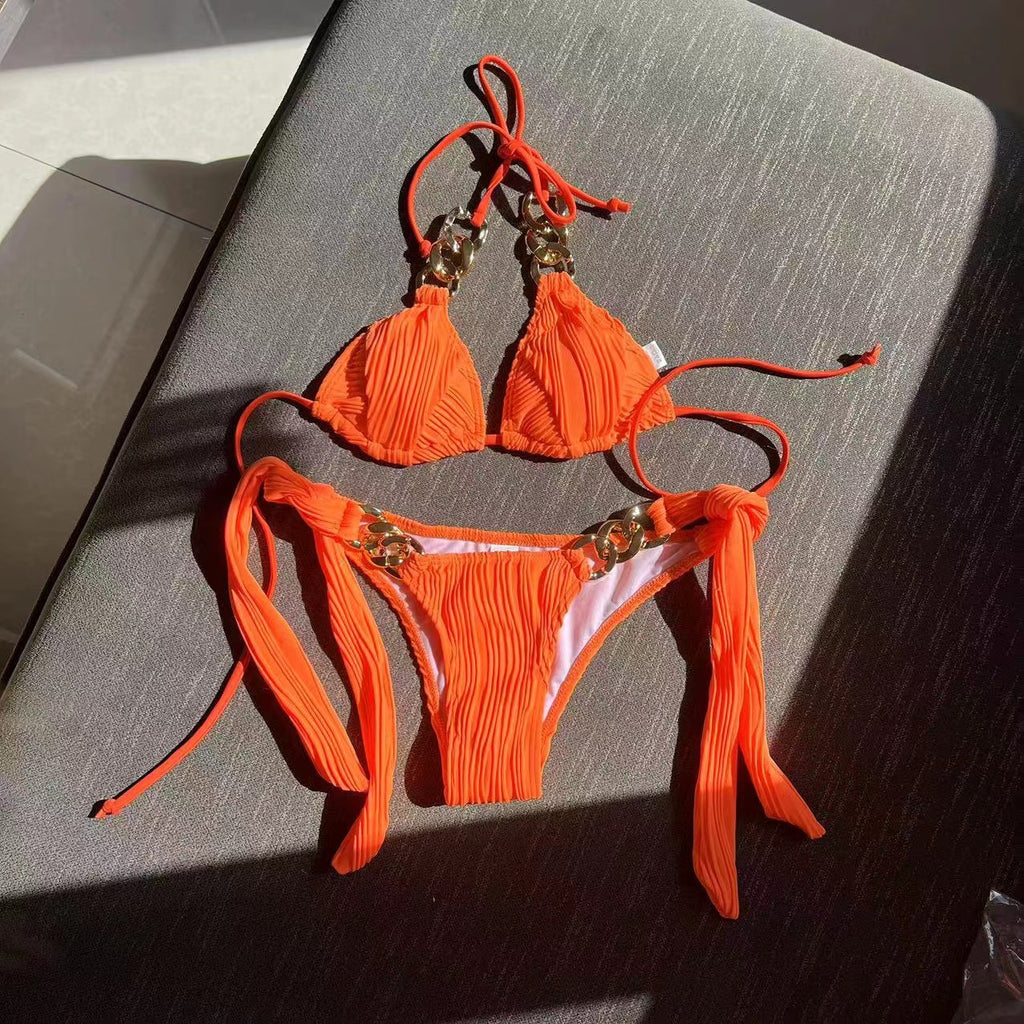 2026 Summer Sexy Chain Decor Bikini Set Two Piece High Waist Split Swimsuit