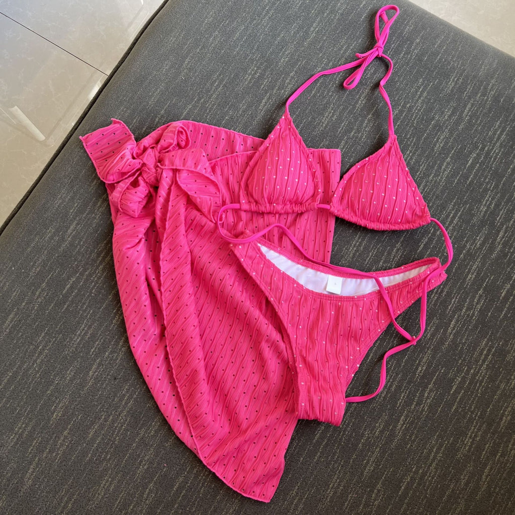 2026 Summer Sexy Backless Drawstring Bikini Set Three Piece Swimsuit Beachwear For Women