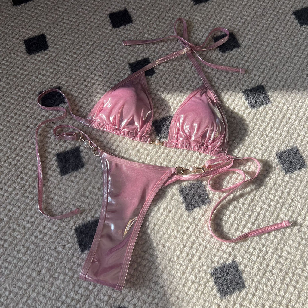 2026 Summer Sexy Shiny Pearl Thong Bikini Set High Cut Two Piece Swimsuit