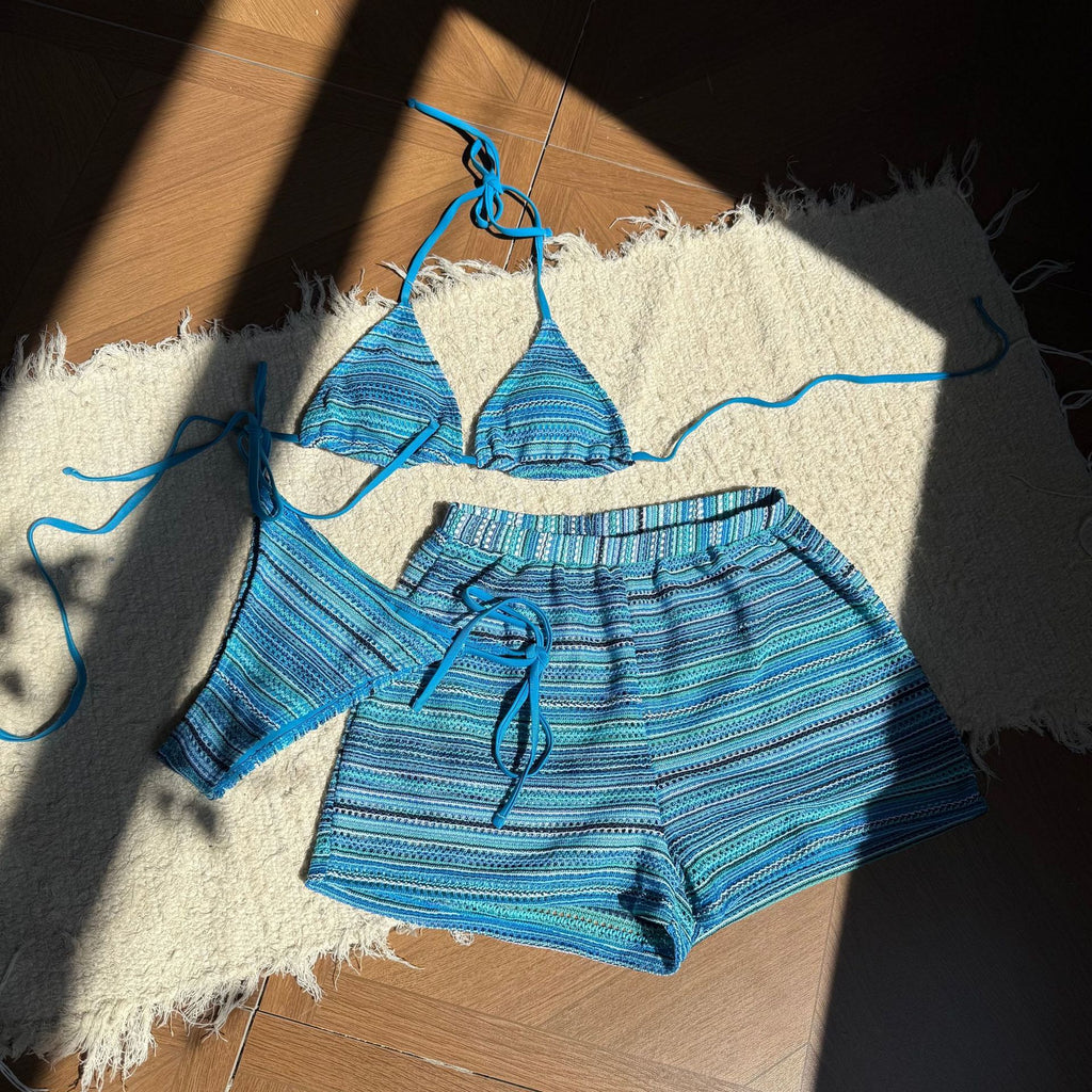 2026 European American Style Halter Knitted Bikini Set Three Piece Beach Shorts Swimsuit