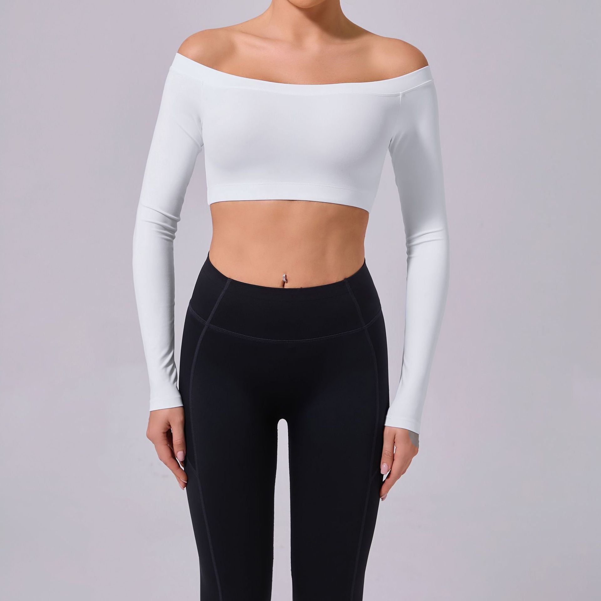 Off-Shoulder Long Sleeve Yoga Top | Brushed Slim Fit Running & Workout Wear