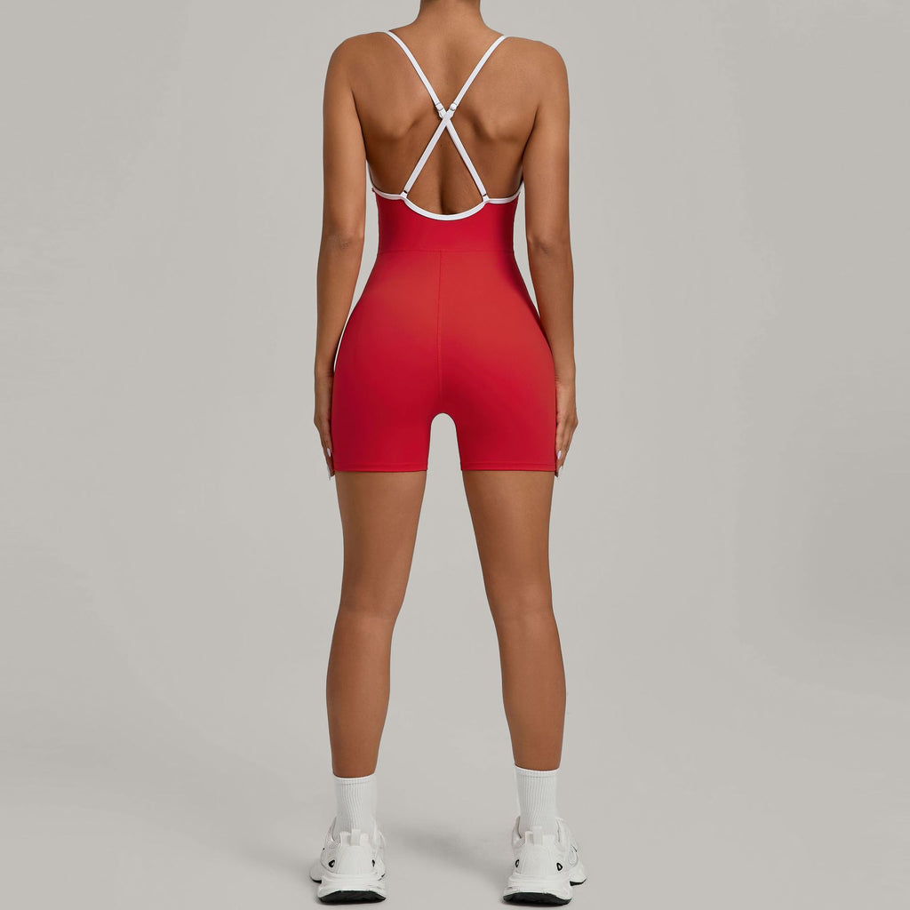 Color Block Cross Strap Scrunch Butt Yoga Jumpsuit Running Fitness Wear