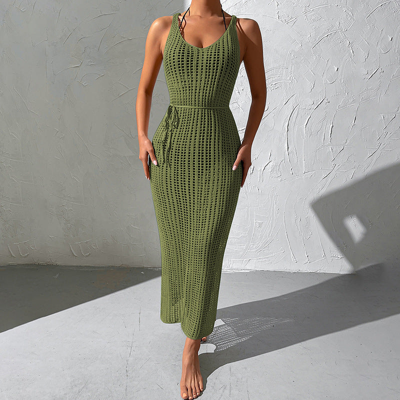 2026 Vacation Knit Beach Cover Up High Waist Backless Sexy Midi Dress