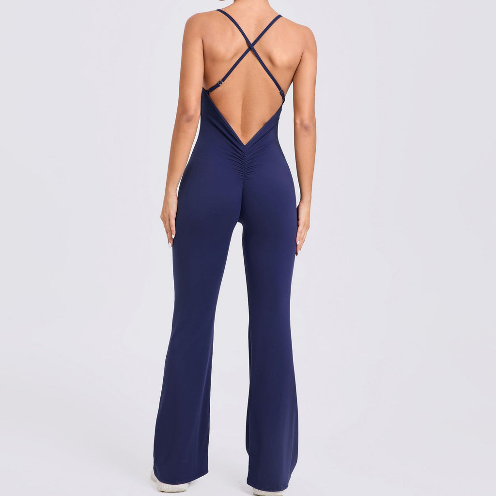 Adjustable Strap Flared Yoga Jumpsuit Cutout Lifting Fitness Bodysuit