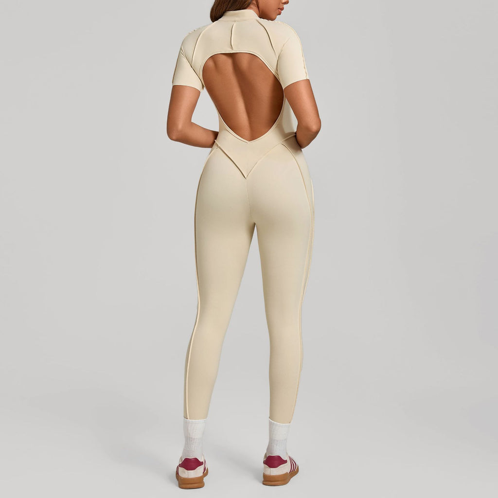 High-Neck Half-Zip Short Sleeve Yoga Jumpsuit Tummy Control Fitness Bodysuit