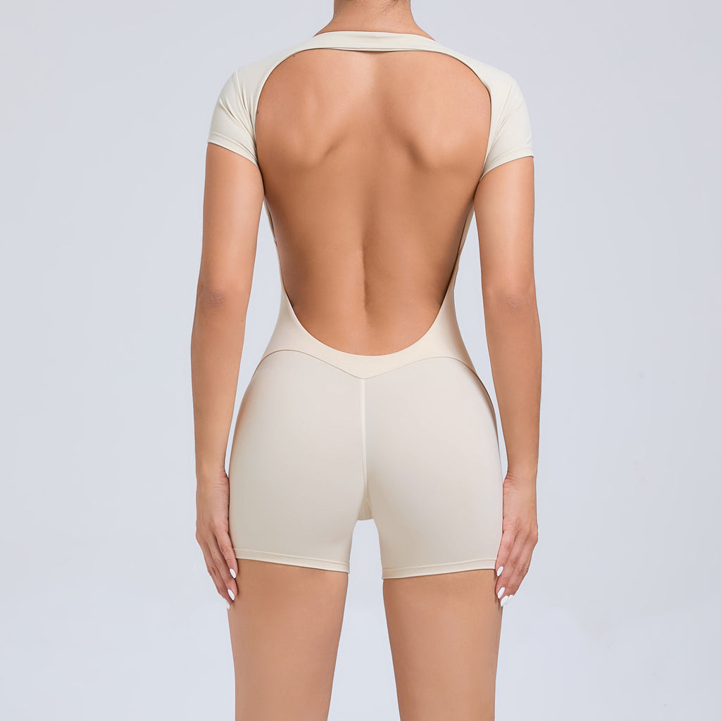 Backless Scrunch Butt Yoga Jumpsuit Sculpting Short Sleeve Fitness Bodysuit