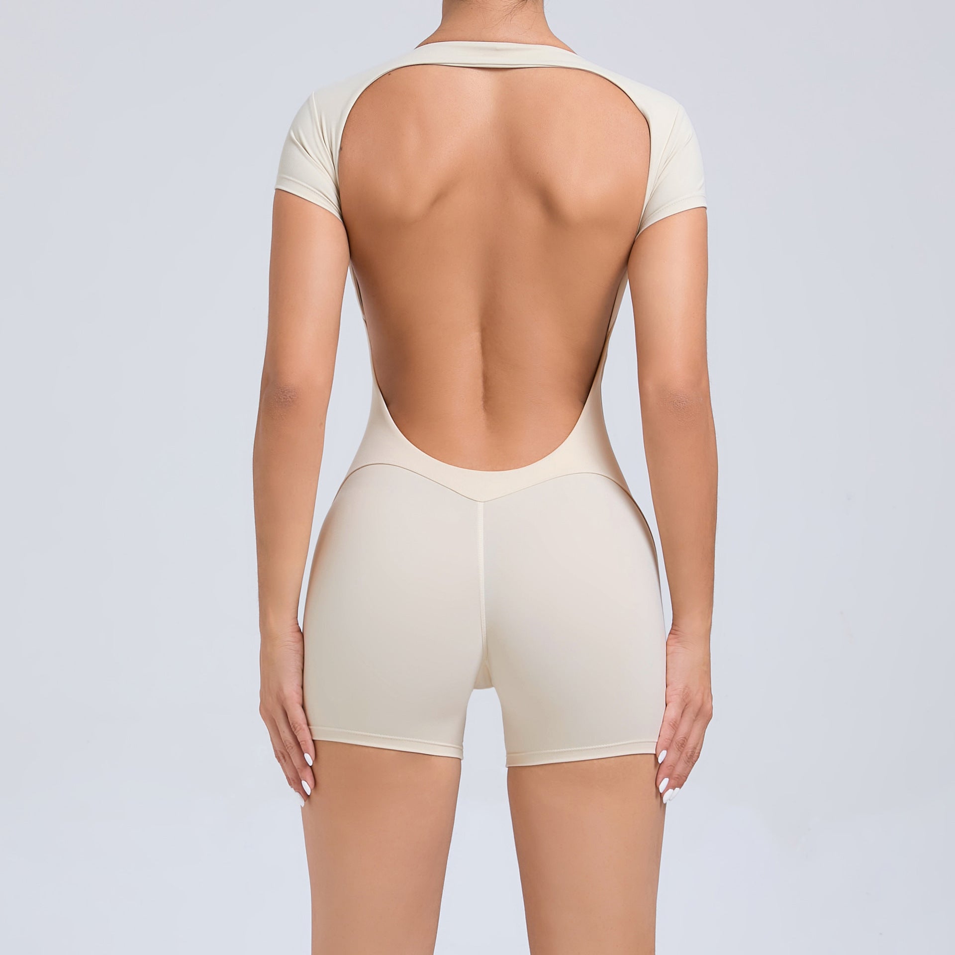 Backless Scrunch Butt Yoga Jumpsuit Sculpting Short Sleeve Fitness Bodysuit