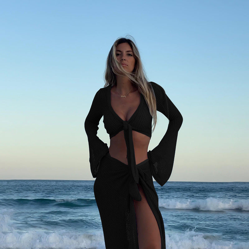 Hollow Out Long Sleeve Knit 2 Piece Set Crop Top Sexy Tie Up Beach Skirt Outfit