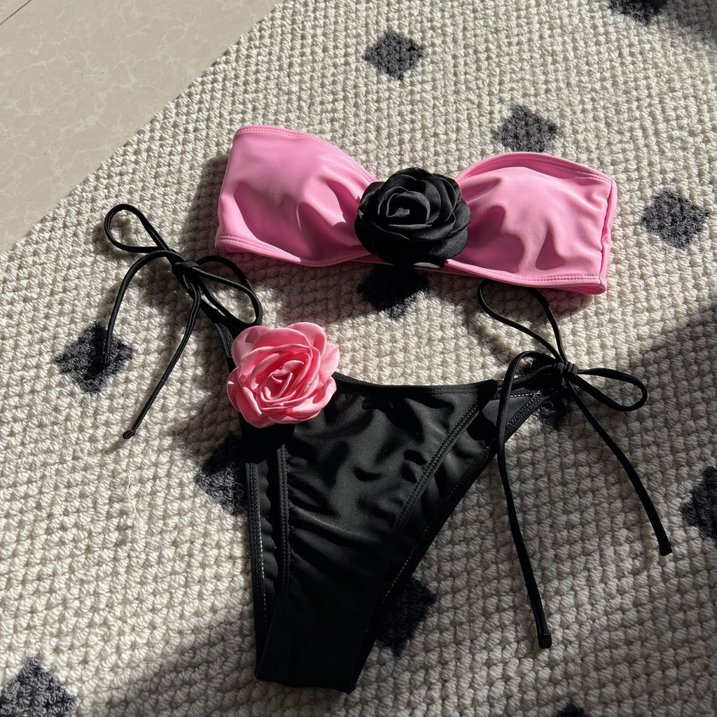 2026 Color Block Rose Bandeau Drawstring Bikini Set Two Piece Split Swimsuit