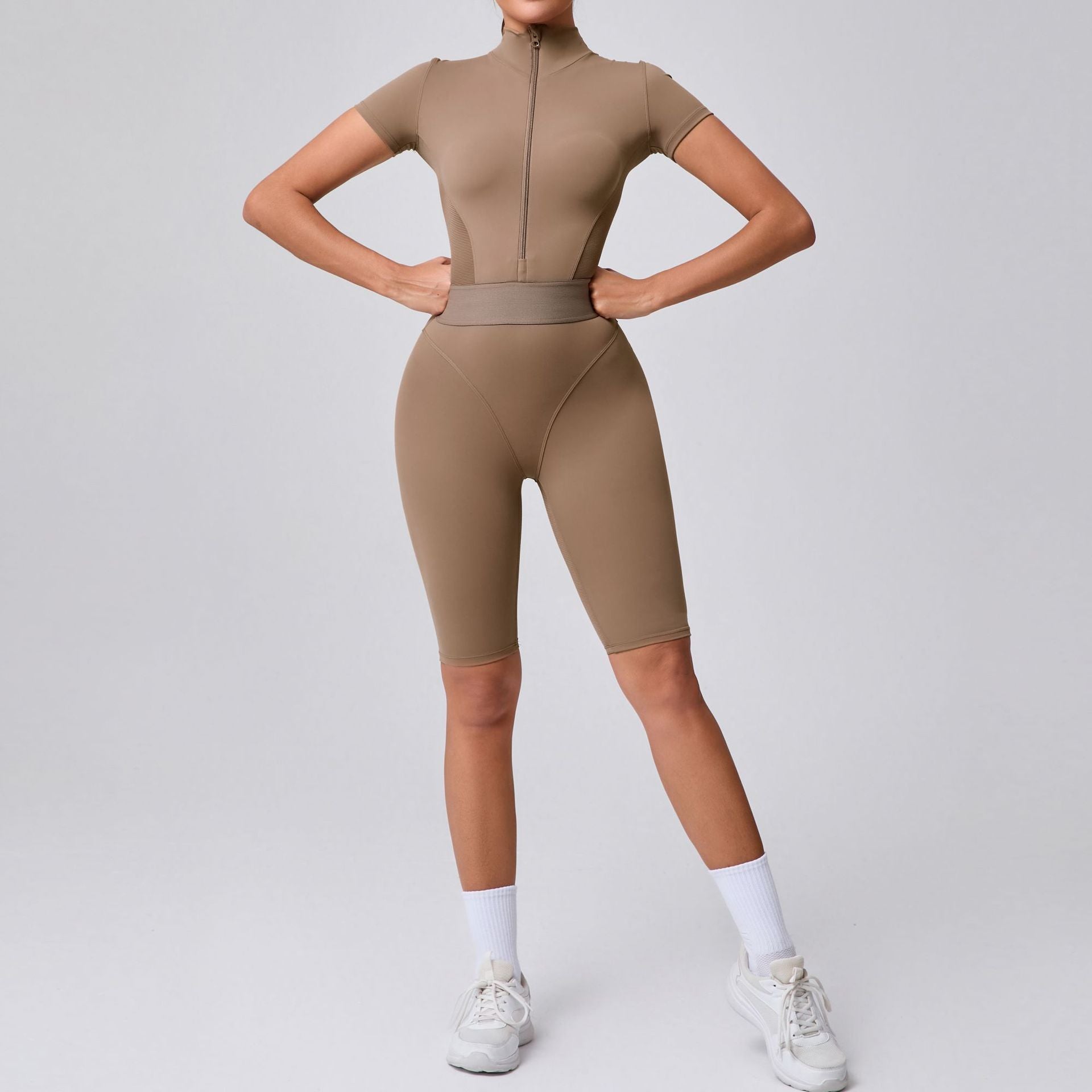 Waist-Shaping Zip Neck Short Sleeve Yoga Jumpsuit Mesh Panel Gym Bodysuit