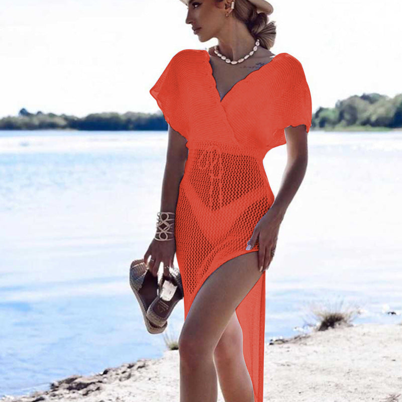 New Solid Color Sexy Hollow Out Maxi Beach Dress Patchwork Tie Up Bikini Sunscreen Cover