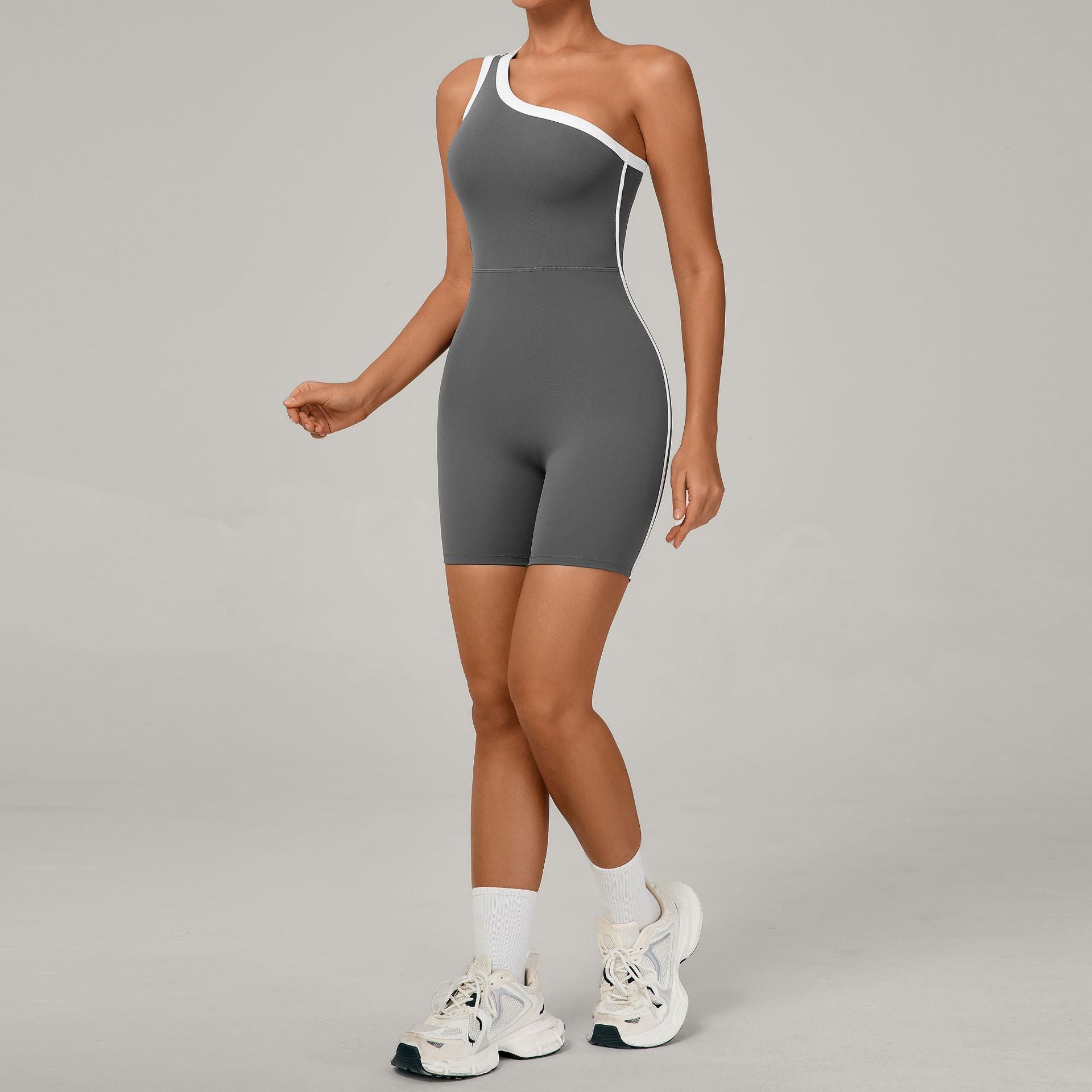 Color Block One-Shoulder Yoga Jumpsuit Scrunch Butt Gym Bodysuit